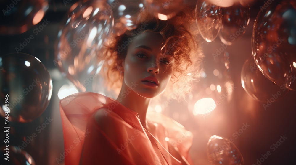 Poster Generative AI Layers of translucent overlays crafting an abstract and dynamic visual around a woman
