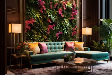 Obraz premium Vertical Garden Living Room Walls with Hollywood Glam Plant Walls and Velvet Sofa