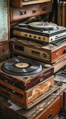 Classic record players and worn out vinyl collection for music nostalgia and audio history themes
