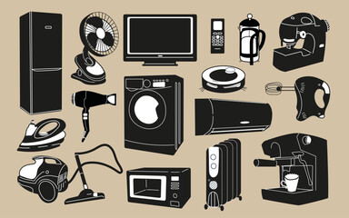 Black and white set of household and kitchen appliances. Microwave oven, washing machine, refrigerator, coffee machine, vacuum cleaner, iron, blender, etc.. Vector isolated illustration.