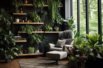 Fototapeta na wymiar Scandinavian Green Plant Decor: Vertical Garden Living Room Walls Inspo