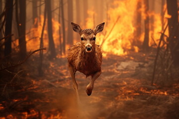 Fawn runs away from fire in the forest. Nature's fury unleashed: a haunting scene of a forest consumed by flames, a stark reminder of the power and devastation of wildfires - obrazy, fototapety, plakaty