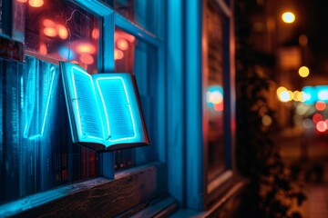 blue neon sign of an open book on a window of a bookstore by the entrance