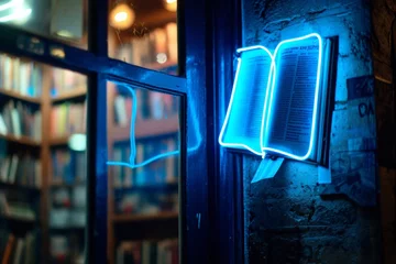 Papier Peint photo Typographie positive blue neon sign of an open book on a window of a bookstore by the entrance