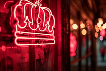 red neon crown sign on the window by the entrance to the shop, store or bar, music studio, cafe or restaurant