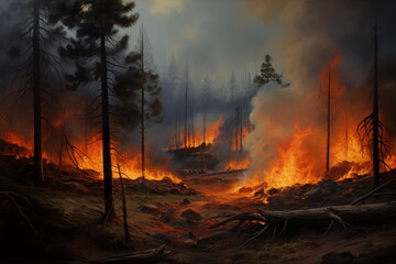 Forest on fire. Ecological catastrophy. Nature's fury unleashed: a haunting scene of a forest consumed by flames, a stark reminder of the power and devastation of wildfires - obrazy, fototapety, plakaty