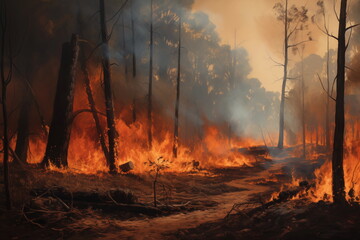 Forest on fire. Ecological catastrophy. Nature's fury unleashed: a haunting scene of a forest consumed by flames, a stark reminder of the power and devastation of wildfires - obrazy, fototapety, plakaty
