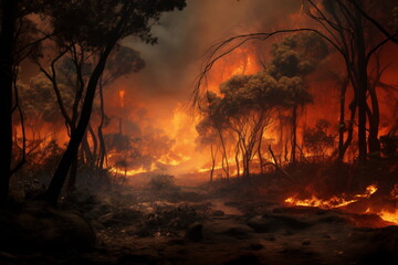 Forest on fire. Ecological catastrophy. A captivating image of a blazing forest, where nature's fury paints the sky with flames, telling a tale of both chaos and resilience in just one snapshot - obrazy, fototapety, plakaty
