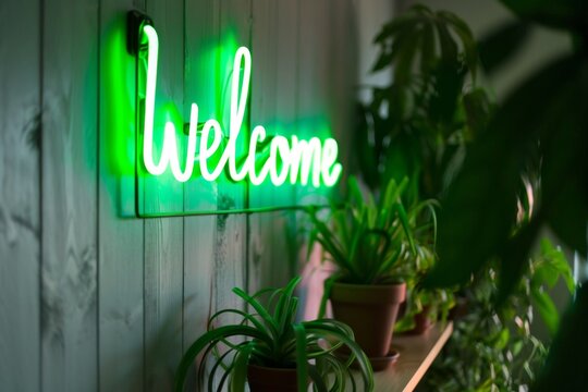 green neon word on the black wall. WELCOME neon sign near plants at the coworking office space, cafe or restaurant, or home loft  apartment.