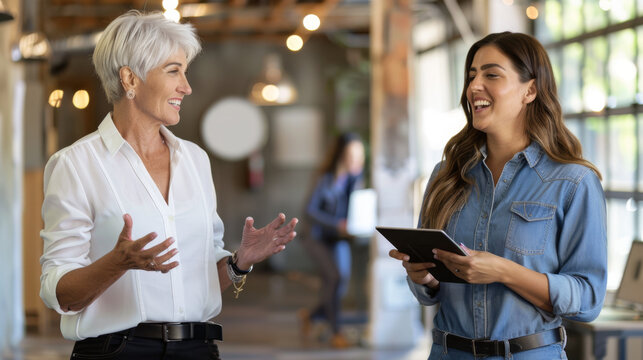Two professional women are engaged in a collaborative discussion with one holding a tablet, sharing a moment of mentorship and teamwork in a well-lit modern office space.