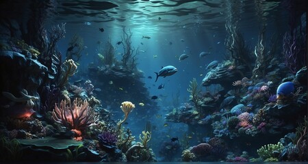 Fototapeta na wymiar Create an ultra-realistic image of a mysterious deep-sea abyss, capturing the eerie darkness, bioluminescent creatures, and the intricate details of otherworldly deep-sea flora-Ai Generative