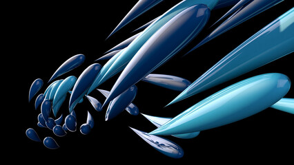 elongated  blue drop shapes flowing in a group on black