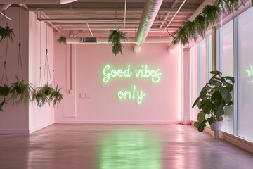 neon pastel green word GOOD VIBES ONLY on pink wall of studio, yoga gym or meditation center