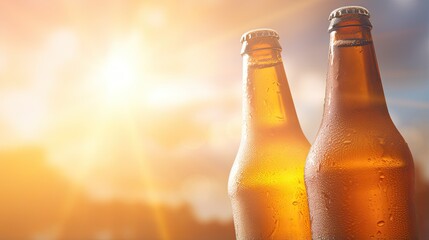Two bottles of cold beer with large drops of condensation on them. A refreshing drink. Illustration for cover, card, postcard, interior design, poster, brochure, advertising, marketing, presentation. - obrazy, fototapety, plakaty