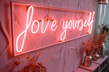 pastel peach pink neon sign LOVE YOURSELF on minimal wall with flowers romantic setting