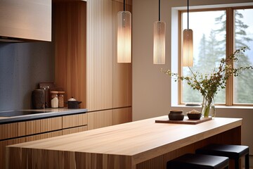 Nordic Wood Light Pendant Above: Waterfall Countertop Kitchen Concepts