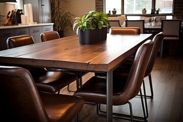 Fototapeta na wymiar Waterfall Countertop Kitchen Concepts: Rustic Brown Leather Dining Chairs Elegance