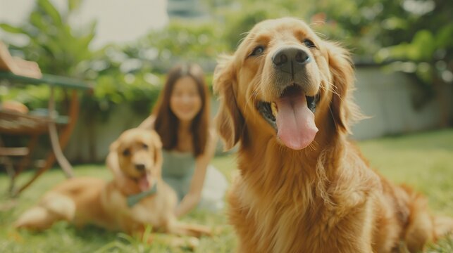 A beautiful family of four, all smiles, playing catch with a flying disc on their backyard lawn. Happy family playing with happy golden retriever dog on the backyard lawn.