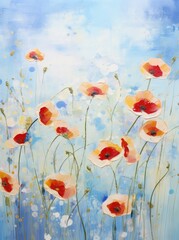 A painting featuring vibrant red and white flowers against a striking blue background, showcasing a colorful and dynamic floral composition.