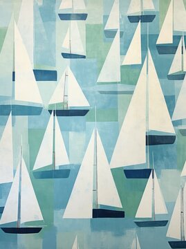 A painting depicting multiple sailboats peacefully floating on the vast ocean, capturing the serene beauty of maritime life.