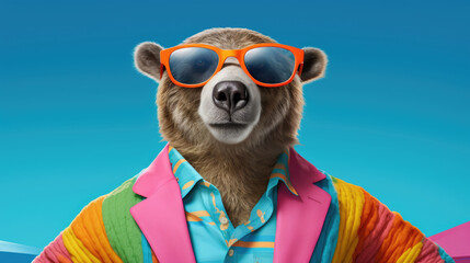 A bear wearing sunglasses. Close-up portrait of a bear. Anthopomorphic creature. A fictional character for advertising and marketing. Humorous character for graphic design.