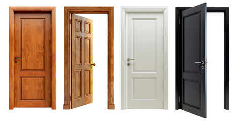 Set of wooden doors. Opened door. White, black doors. Isolated on a transparent background.