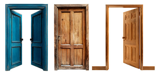 Collection of old wooden doors. Opened door. Isolated on a transparent background.