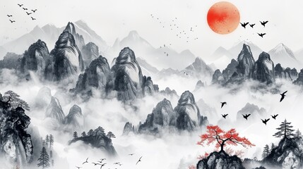 A mountain landscape in Japanese style. Rocky terrain with light fog, red sun and flying birds. Digital art in drawn style. Illustration for cover, card, postcard, interior design, poster, brochure.