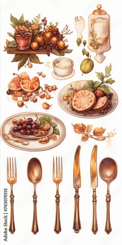 Poster generative ai miniature digital sticker set depicting a lavish thanksgiving dinner table with atmosp