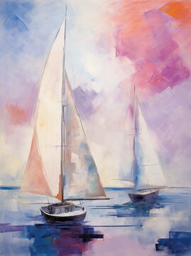 The painting depicts two sailboats gracefully sailing through the vast expanse of the ocean, their sails billowing in the wind under a clear blue sky.