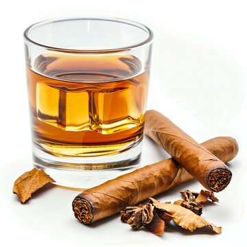 Whiskey Elegance: Cigar Paired with Golden Spirit on White. Generative ai