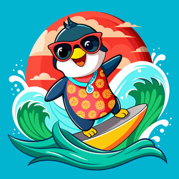 Illustration of penguin surfing on the big wave