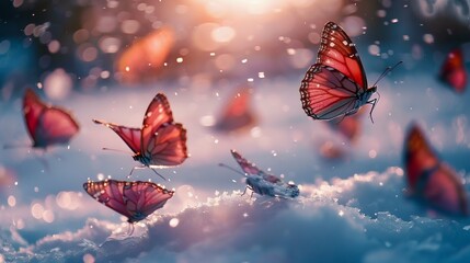 Enchanted Winter: Butterflies Gliding over Snow. Generative ai - obrazy, fototapety, plakaty