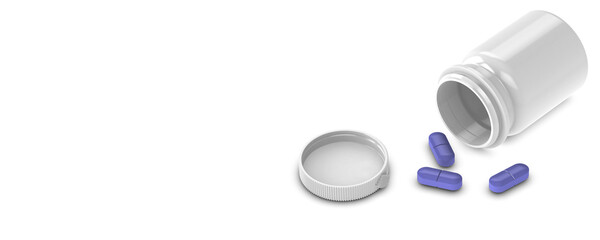 White medicine bottle with purple pills on a white copy space background