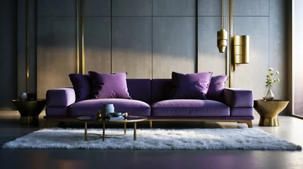 Poster Moderno salón con elegante sofá de terciopelo morado lila de tendencia retro futurista © Nautilus One