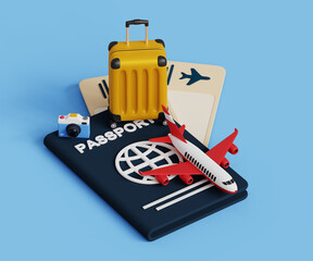 3D travelling icon. Trip vacation or tourism concept. Summer travel with passport tickets, airplane, suitcase, camera. 3d illustration