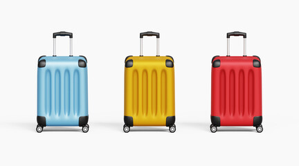 Set of plastic suitcase icons. Concept of summer time, travel vacation, tourism. Travel bag, luggage. Baggage bag for summer vacation. Pack of travel suitcase icons. 3d illustration