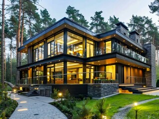 Fototapeta premium Modern Tranquility: Luxurious Forest Home at Dusk. Generative ai