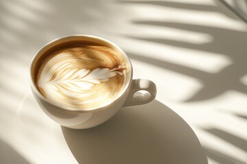 Freshly Brewed Latte with Artful Foam Design on Sunlit White Table