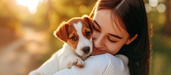 A woman with dark hair is standing outdoors under the sunny weather, gently cradling a small Jack Russell puppy in her arms.