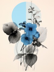 A painting featuring blue and white flowers meticulously depicted on a clean white background, creating a striking contrast and visually engaging composition.