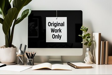 Signage declaring original content necessity, in an office setting, intellectual property rights