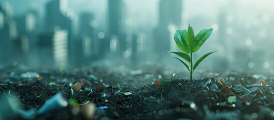 A small vibrant green plant emerges from the cracked soil, surrounded by waste and pollution from a city. Despite the challenging environment, the plant shows resilience and growth.