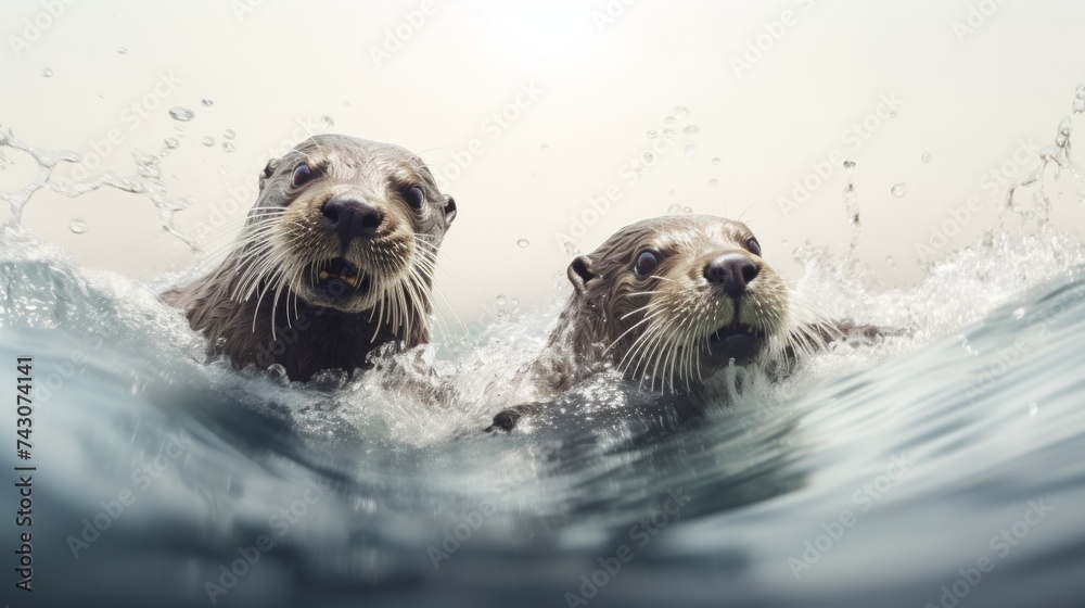 Poster generative ai playful otters frolicking in a river.