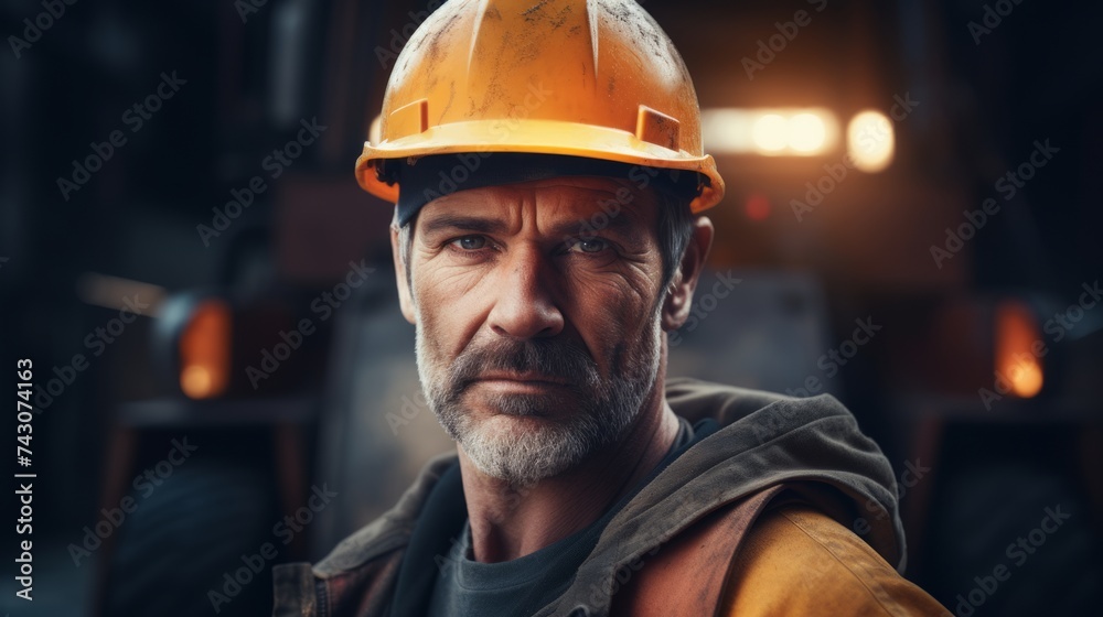Aufkleber Generative AI Portrait of a builder with a hammer and level, confident and skilled, on a construction site background