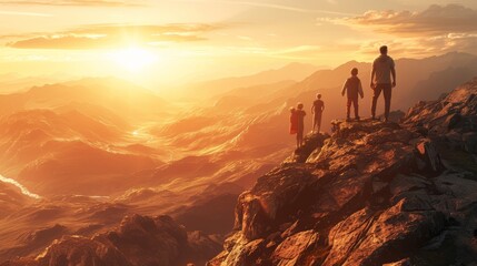 Family on Mountain Top at Sunset: Father with Three Children Admiring the View after a Hike