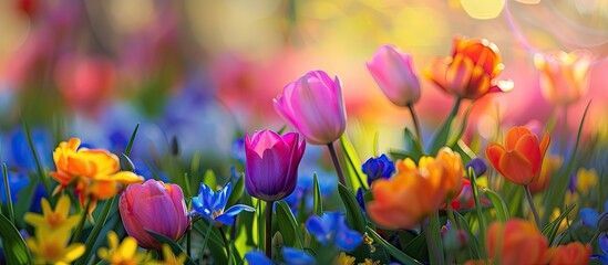 A variety of colorful flowers bloom in the lush green grass during the joyful month of May. The vibrant bouquet of flowers adds a pop of color to the scenery. - obrazy, fototapety, plakaty