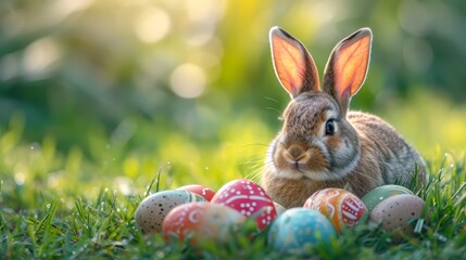 Happy easter bunny with colorful easter eggs