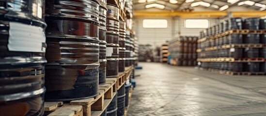The warehouse is filled with custom-made drums containing liquid chemicals, arranged on pallets. These barrels are stored and ready for delivery to customers in the oil and chemical industry.