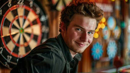 Smiling young man in casual attire posing near dartboard. leisure activity in a warm, cozy pub atmosphere. relaxed portrait, perfect for lifestyle marketing. AI